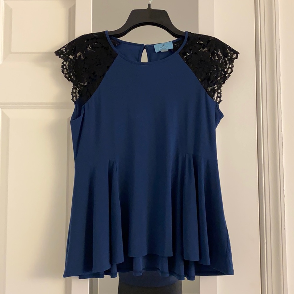 CeCe Royal Blue Top with Lacey Sleeve